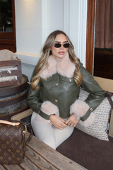 ZARIA KHAKI FAUX LEATHER JACKET WITH FUR COLLAR AND CUFFS