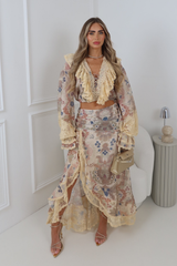 ZURI BEIGE FLORAL RUFFLE CROP BLOUSE & FLOATY MIDI SKIRT TWO PIECE SET