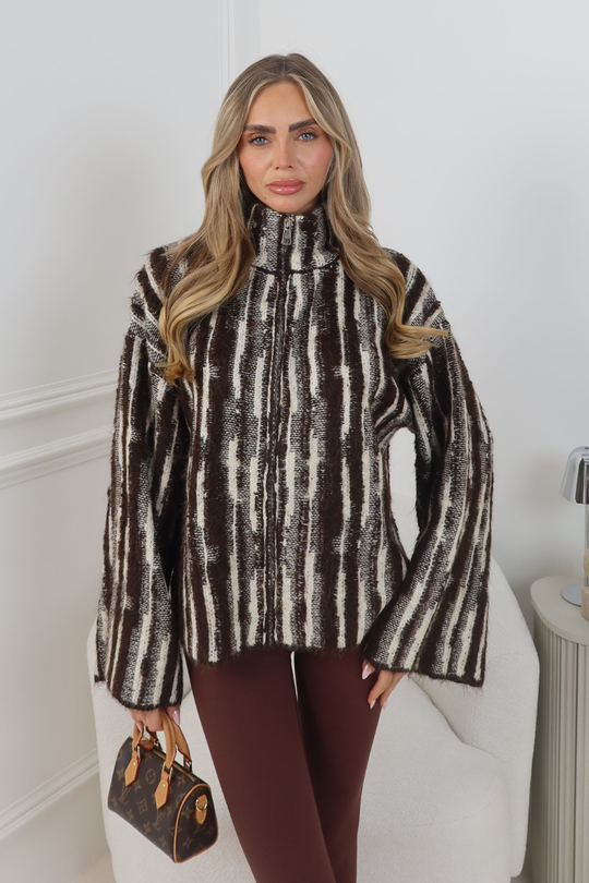 MAISY CHOCOLATE STRIPE KNITTED ZIP UP CARDIGAN