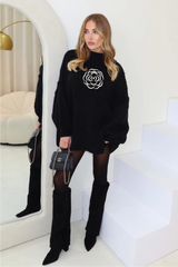 Rose embroidered black oversized knit jumper