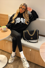 1946 ESSENTIAL BLACK PRINTED HOODIE