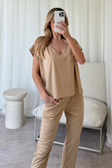 Stella Camel V Neck Loungewear Set