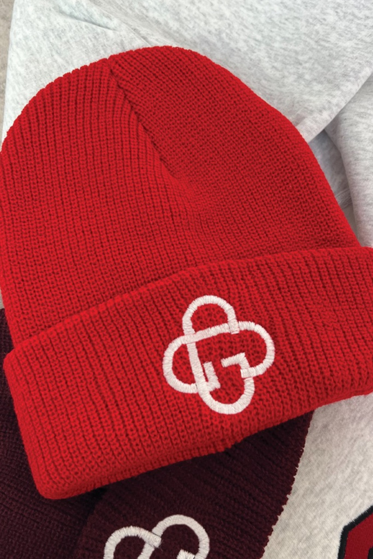 G monogram red embroidered knit beanie hat