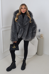 ARIELLE GREY HOODED FUR COAT
