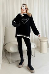 Paris triangle embroidered black knit jumper