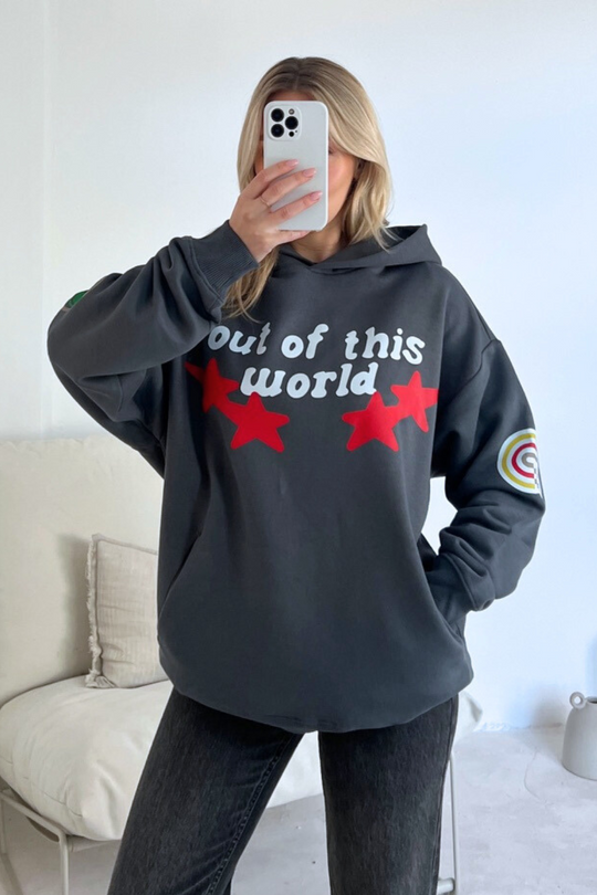 Out of this world steel grey printed relaxed hoodie