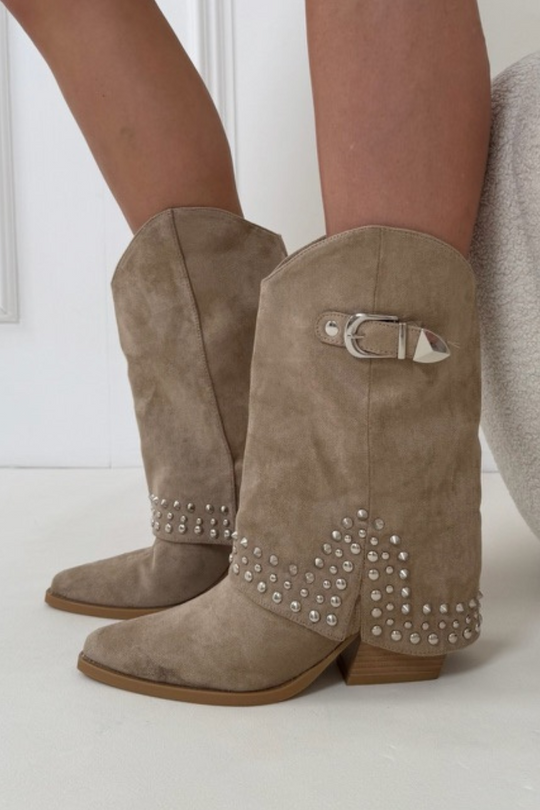 Cassi khaki stud detail fold over heeled cowboy boots