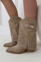 Cassi khaki stud detail fold over heeled cowboy boots