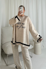 Paris beige embroidered knitted jumper and trousers