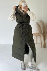 Jasmine Khaki Padded Long Hooded Gilet Coats & Jackets