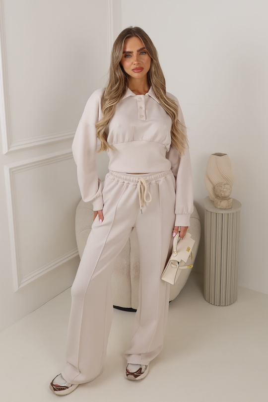 AMY CREAM BUTTON UP COLLARED CINCHED WAIST TOP AND PANTS LOUNGE SET