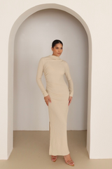 Nola beige crinkle jersey midi dress