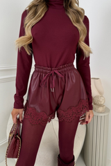 BRIANY BURGUNDY FAUX LEATHER LACE SHORTS