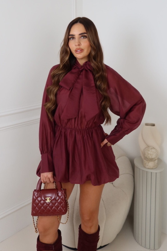 LORNA BURGUNDY  SHEER BOW NECK TIE DRESS