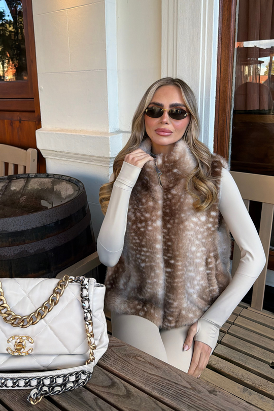 KATY TAUPE DEER PRINT FAUX FUR ZIP GILET