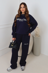 ATHLETICS CLUB NAVY EMBROIDERED SWEATER & STRAIGHT LEG TROUSERS LOUNGEWEAR