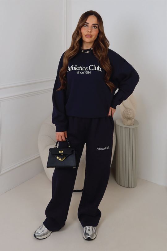 ATHLETICS CLUB NAVY EMBROIDERED SWEATER & STRAIGHT LEG TROUSERS LOUNGEWEAR
