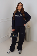 ATHLETICS CLUB NAVY EMBROIDERED SWEATER & STRAIGHT LEG TROUSERS LOUNGEWEAR
