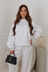 ATHLETICS CLUB LIGHT MARL EMBROIDERED SWEATER & STRAIGHT LEG TROUSERS LOUNGEWEAR