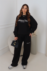 ATHLETICS CLUB BLACK EMBROIDERED SWEATER & STRAIGHT LEG TROUSERS LOUNGEWEAR