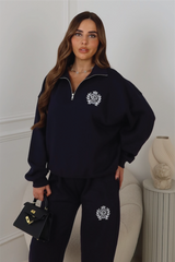 ST MORITZ NAVY EMBROIDERED 3/4 ZIP & STRAIGHT LEG TROUSERS LOUNGEWEAR