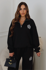 ST MORITZ BLACK EMBROIDERED 3/4 ZIP & STRAIGHT LEG TROUSERS LOUNGEWEAR