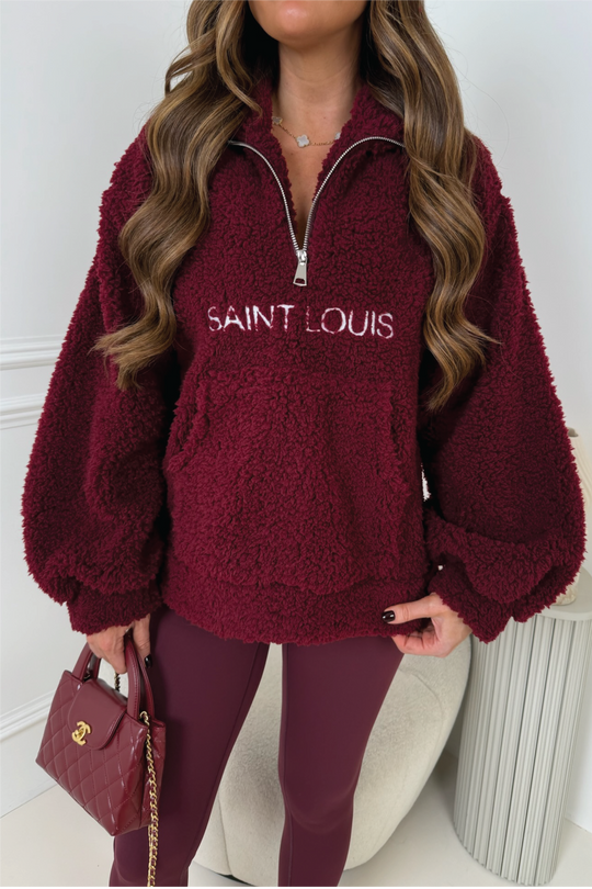 SAINT LOUIS BURGUNDY EMBROIDERED 3/4 ZIP FLEECE