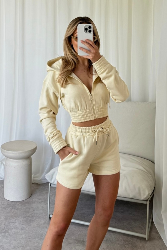 Naomi cream cropped jacket and shorts