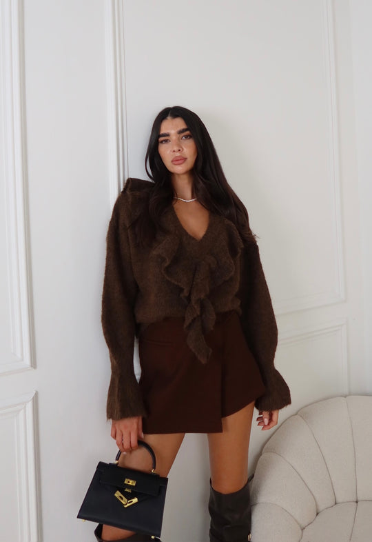 AIDA CHOCOLATE KNITTTED FRILLED JUMPER