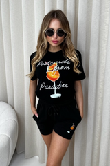 Paradise postcard printed black t-shirt and shorts