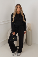 AMY BLACK BUTTON UP COLLARED CINCHED WAIST TOP AND PANTS LOUNGE SET