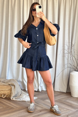 Lizzie dark denim puff sleeve blouse & skirt co ord