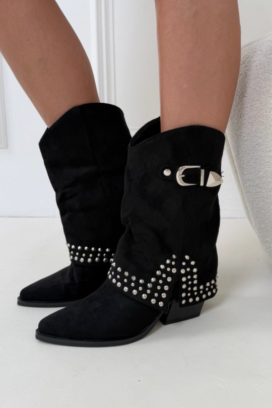 Cassi black stud detail fold over heeled cowboy boots
