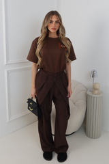 HARPER CHOCOLATE ELASTICATED WAIST STRAIGHT LEG TROUSERS