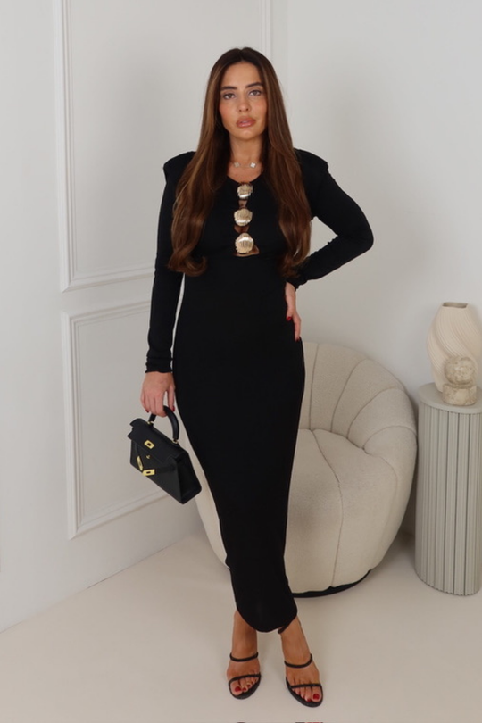 PIANA BLACK  GOLD BROOCH SHOULDER PAD  LONG DRESS