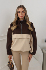 DEMI CHOCOLATE TWO TONE QUARTER ZIP WINDBREAKER TOP