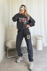 Take it easy steel grey embroidered sweater joggers loungewear