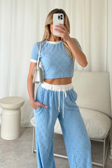 Kalli blue contrast waistband pants and crop top co-ord