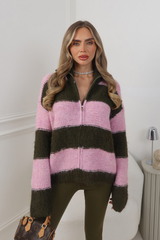 DEMI PINK & KHAKI STRIPE ZIP UP KNITTED CARDIGAN
