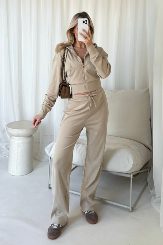 Becky stone ribbed cropped jacket & wide leg trousers