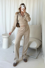 Becky stone ribbed cropped jacket & wide leg trousers
