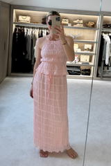 Ophelia pink chiffon open back top & maxi skirt co ord