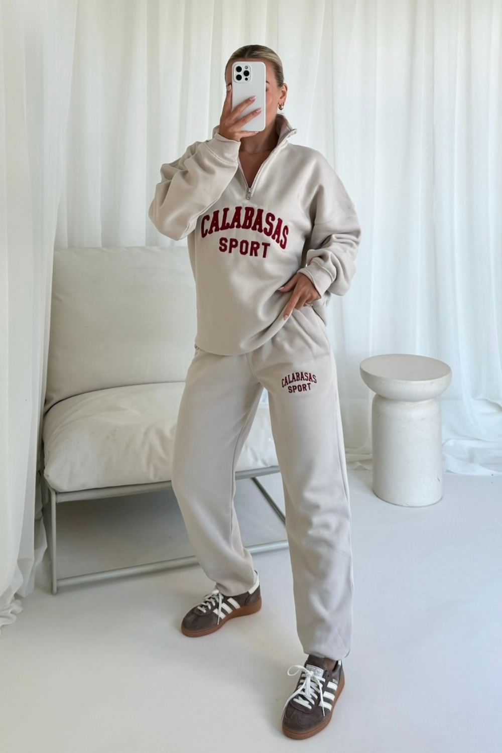 Calabasas bone and burgundy embroidered 3 4 sweater and jogger set Glamify Famous For Loungewear