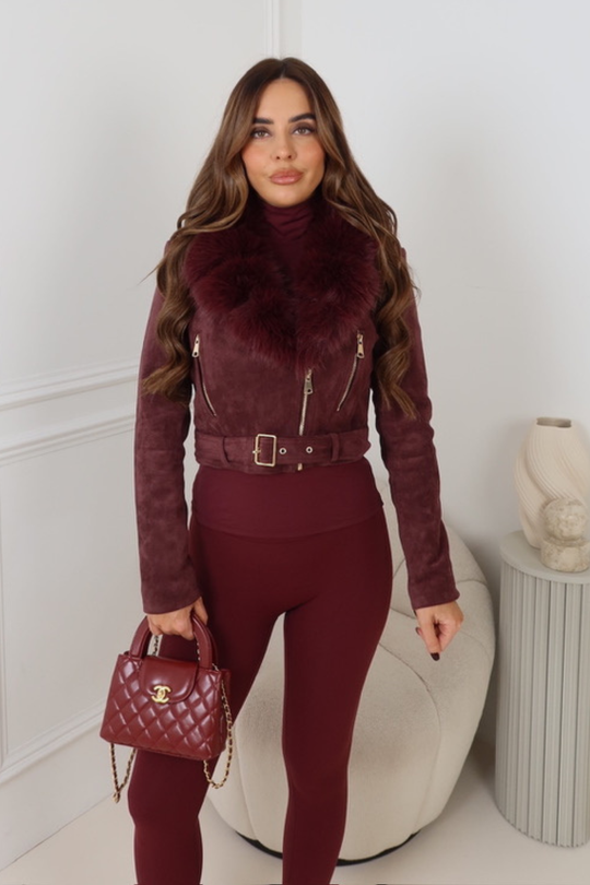TONI BURGUNDY GOLD ZIPPED FAUX SUEDE FAUX FUR JACKET