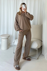 Romy mocha contrast piping sweater & trouser loungewear
