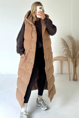 Jasmine Camel Padded Long Hooded Gilet Coats & Jackets