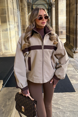 ASHLEY BEIGE AND CHOCOLATE CONTRAST ZIP UP JACKET