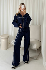Erin navy contrast piping zip sweater & trouser loungewear