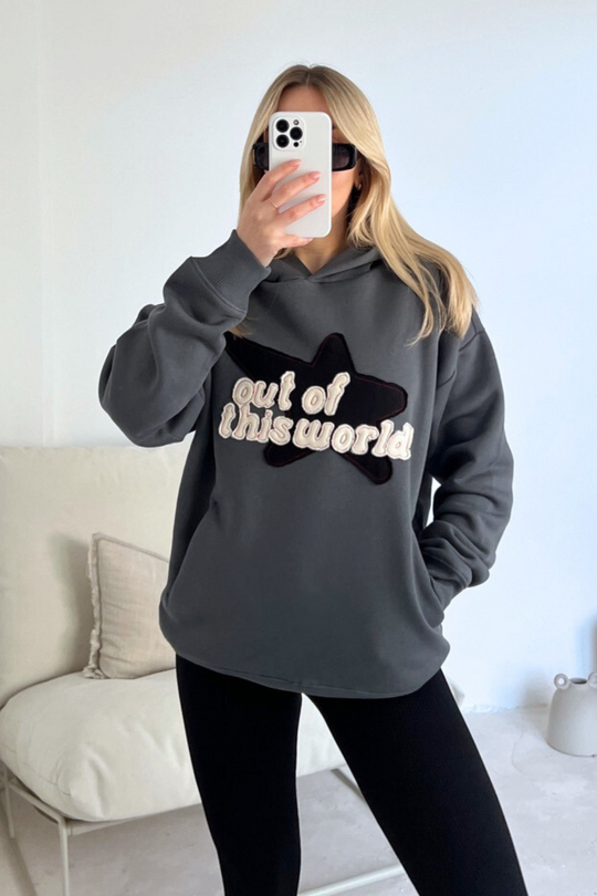 Out of this world steel grey embroidered applique relaxed hoodie