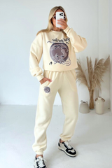 Lets Get Lost Ecru Printed Sweater Joggers Premium Loungewear Loungewear